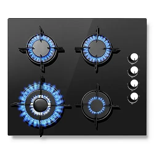Produktbild: SNDOAS Gaskochfeld 4 Flammig, 60cm Glas Gasherd mit Automatischer Flammenschutz, Erdgas und Propangas, Einbau oder Freistehend, 8000W, 220-240V