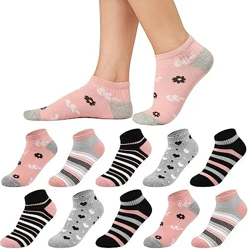 Produktbild: Sneaker Socken Damen 39-42, 10 Paar Baumwolle Kurze Socken Mädchen Söckchen, Mehrfarbige Sneakersocken Bunte Damensocken mit Streifen Pünktchen