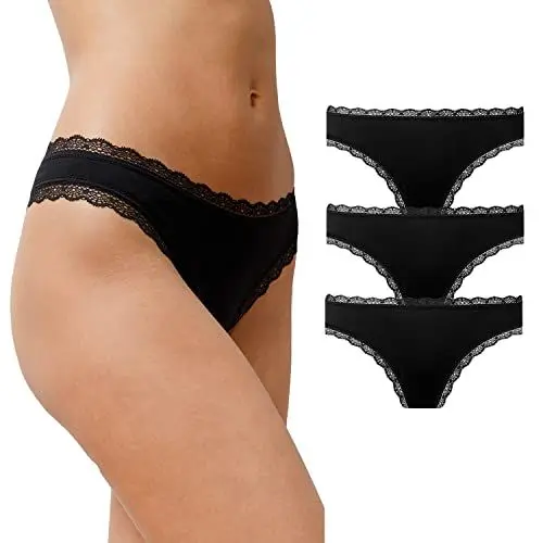 Produktbild: Snocks Tanga Damen mit Spitze aus Bio-Baumwolle 3er Pack - String Damen Klassisches Design - Angenehmes Tragegefühl ohne Einschneiden - Unsichtbare Unterwäsche - Schwarz - M