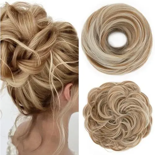 Produktbild: S-Noilite Haarteile mit Gummiband Haargummis mit Haaren für Frauen Donut Updo Hair Chignons synthetische Pferdeschwanz Dutt Extensions Haarverlängerungen - Dunkelblond & Bleichblond
