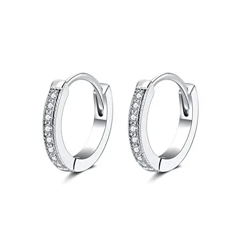 Produktbild: SNORSO 925 Sterling Silber Creolen Ohrringe für Damen, Unisex 13mm Klein Silber Schlafen Creolen Ohrringe mit Weiß Zirkonia, Geschenk zum Weihnachten