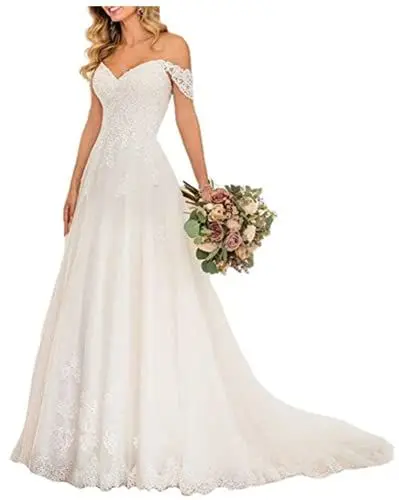 Produktbild: Snow Lotus Damen Schulterfreies Hochzeitskleid Spitze Applikation A Linie Brautkleid Kleid Gr. 42, elfenbeinfarben