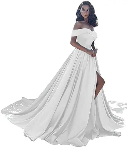 Produktbild: Snow Lotus Damen Schulterfreies Satin Ballkleid Lang A Linie Ballkleider mit Split, elfenbeinfarben, 38