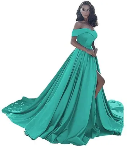 Produktbild: Snow Lotus Damen Schulterfreies Satin Ballkleid Lang A Linie Ballkleider mit Split, türkis, 42
