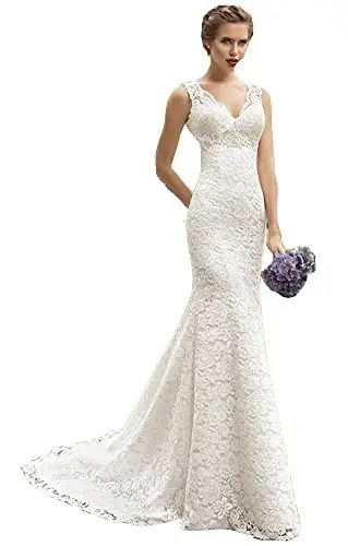 Produktbild: Snow Lotus Damen Spaghetti Strap Spitze Meerjungfrau Brautkleid Ärmellos Brautkleid, elfenbeinfarben, 44