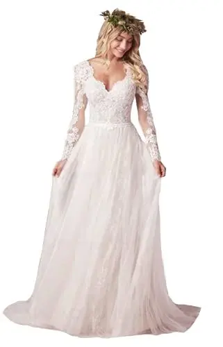 Produktbild: Snow Lotus Damen Strand Boho Tüll Brautkleid Spitze Lange Ärmel A Linie Brautkleider für Frauen, elfenbeinfarben, 46