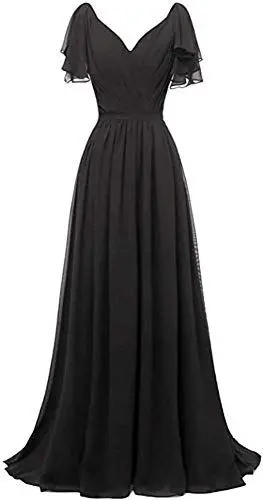 Produktbild: Snow Lotus Damen V Ausschnitt A Linie Chiffon Brautjungfernkleid mit Rüschen Ärmeln Formales Abendkleid Gr. 48, Schwarz