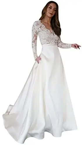 Produktbild: Snow Lotus Damen V Ausschnitt Spitze Lange Ärmel Brautkleid Satin A Linie Brautkleider mit Taschen, elfenbeinfarben, 42