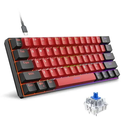 Produktbild: Snpurdiri 60% kabelgebundene mechanische Gaming-Tastatur, 61 Anti-Ghosting-Tasten, RGB-Hintergrundbeleuchtung, ultrakompakte Zwei Ständer (Blauer Schalter/Schwarz Rot)