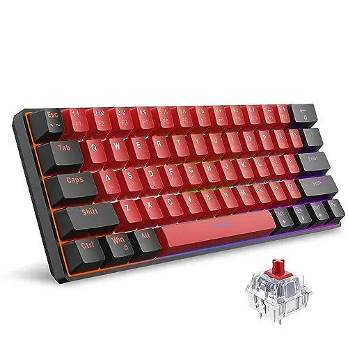 Produktbild: Snpurdiri 60% kabelgebundene mechanische Tastatur, Mini-Gaming-Tastatur mit 61 roten Schaltertasten für PC, Windows XP, Win 7, Win 10 (schwarz-rot, rote Schalter)