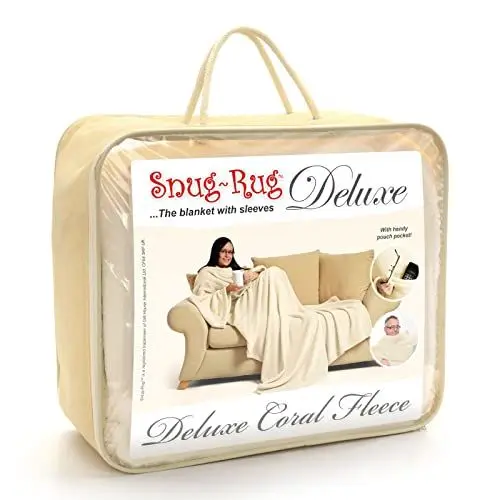 Produktbild: Snug Rug Creme Deluxe Kuscheldecke Mit Ärmeln Für Erwachsene Ärmeldecke Vlies-Decke Mit Ärmel Aus 260gsm Coral-Fleece Superweiches Luxuriöser Weicher Stoff Lange Übergroße Ärmel Mit Tasche