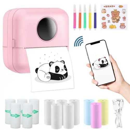 Produktbild: SOARFLY Mini Drucker für Smartphone, Fotodrucker für Smartphone, Mini Drucker Aufkleber, Thermodrucker, Tiny Printer mit Klebepapier, Mini Drucker für Lernhilfe, Notizen, Fotos, DIY - Rosa
