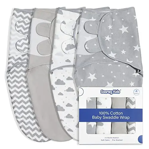 Produktbild: Soarwg Kids Pucksack Baby 0–3 Monate Swaddles Decke Babyschlafsack Pucktuch Neugeborene Wickeltuch Säuglinge Schlafsack, 100% Bio-Baumwolle für Kleinkinder, Unisex, Mädchen und Jungen 4er Pack (Grau)