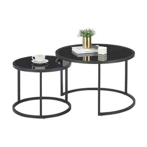Produktbild: Soayone Couchtisch Glas, Couchtische Rund mit Schwarz Metallgestell, Couch Tisch, Coffee Table, Wohnzimmertisch Schwarz, Couchtisch 2er Set 70x70x45 & 50x50x40 cm