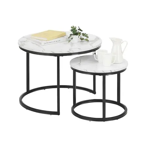 Produktbild: Soayone Couchtisch Rund Schwarz, Wohnzimmertisch Weiß mit Schwarz Metallgestell, Coffee Table, Couch Tisch, Couchtisch Marmor Optik, Kaffeetisch, Tisch Klein 70x70x45 & 50x50x35 cm