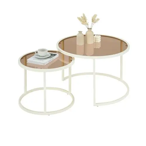 Produktbild: Soayone Wohnzimmertisch Glas, Couchtisch Weiß mit Braunes Glas, Living Room Table, Runde Couchtische, Couchtisch Modern, Couchtisch Set 70x70x45 & 50x50x35 cm