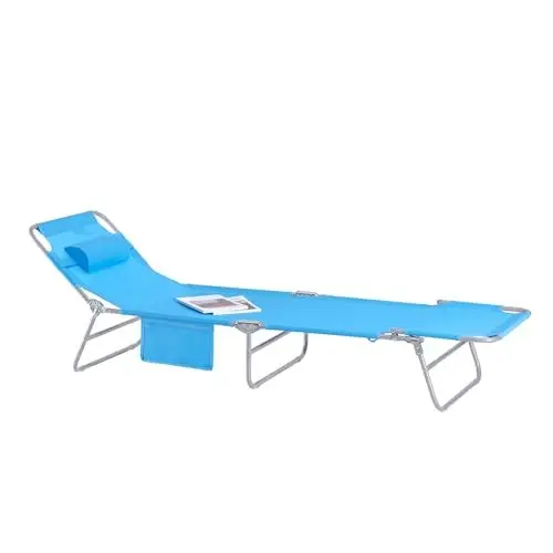 Produktbild: SoBuy Gartenliege mit Seitentasche und Kopfkissen luftig klappbar Sonnenliege Liegestuhl für Gärten, Höfe, Strände, Balkone Kleinblau 110 kg Belastung Blau BHT ca.191x19x56cm OGS35-B