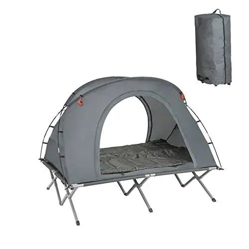 Produktbild: SoBuy faltbar Survival-Zelt Feldbett mit Zelt Feldbett 4 in1 Camping Set mit Schlafsack Wurfzelt Matratze und Zubehör Zelt 2 Person 2 Mann Zelt Outdoor Hellgrau BHT ca. 194x157x145cm OGS60-HG