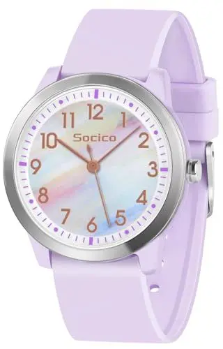 Produktbild: SOCICO Kinderuhr Analog, 5ATM/50M Wasserdicht Armbanduhr Kinder Mädchen Jungen Teenager, Leicht Lesbar Kinder Quartz Minimalistisch Uhren für 9-18 Jahre (Regenbogenlila)