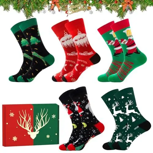 Produktbild: Socken Weihnachten 5 Paare, Weihnachtssocken Herren Geschenk für Männer Mann Papa Bruder Ihn Opa Boyfriend Lustige Socken Winter Warmen Familien Weihnachtssocken Weihnachtsmann EU Größe 42-47
