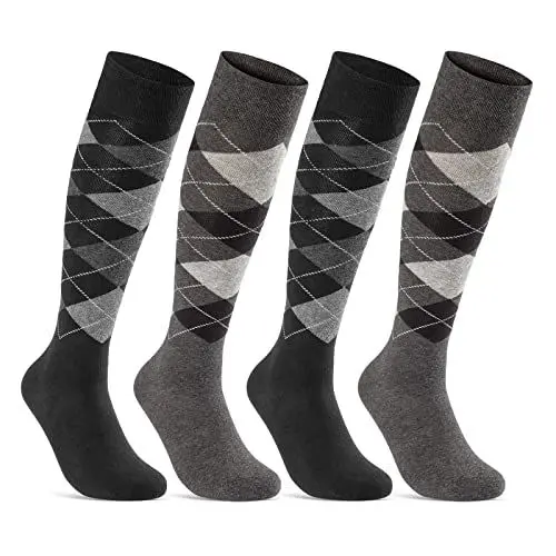 Produktbild: sockenkauf24 4 Paar Herren Kniestrümpfe Karo Muster Baumwolle mit Komfortbund & ohne Naht 22733 WP (Schwarz Grau 43-46)