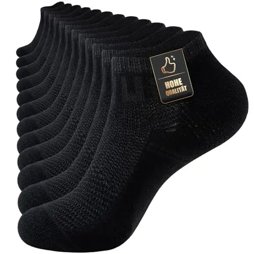 Produktbild: SockWaddles Sneaker Socken Herren 43-46, 6 Paar Sportsocken, Laufsocken, Gepolsterte Socken Kurz Herren Damen, Schwarz Weiß Atmungsaktiv Baumwolle Socken Weiche und Bequeme, Schwarz