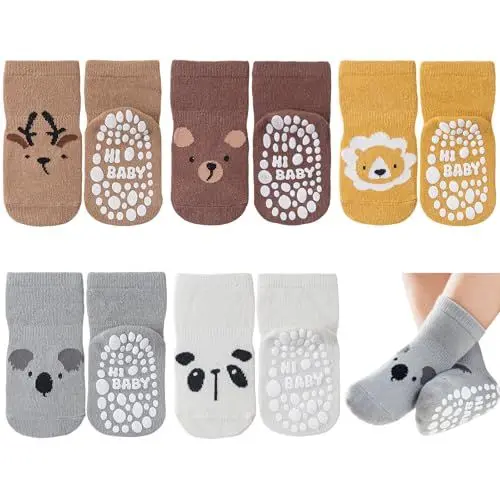Produktbild: SockWaddles Stoppersocken Kinder Baby, 5 Paar ABS Atmungsaktiv Antirutschsocken Kinder, Krabbelsocken Baby Baumwolle, Jungen und Mädchen Crew Socken mit Tiere