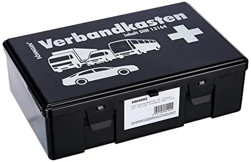 Produktbild: Söhngen KFZ Verbandskasten (mit Füllung, 2x Mundschutzmasken, schwarz, Koffer aus ABS Kunststoff) 260x160x80 mm, 3004002