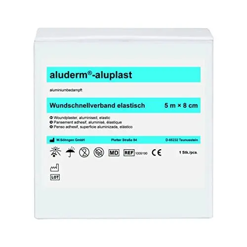 Produktbild: Söhngen Wundpflaster aluderm-aluplast elastisch (Größe 5m x 8 cm, Wundauflage aluminiumbedampft, verklebt nicht/fasert nicht/stark saugend, Pflaster hautbildungs- + heilungsfördernd, atmungsaktiv)