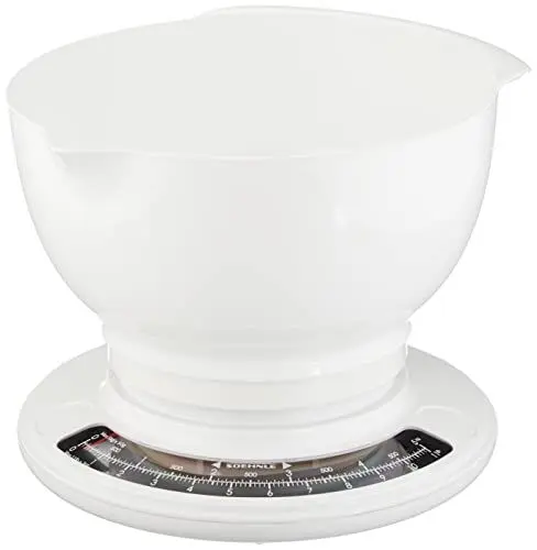 Produktbild: Soehnle Culina Pro 5 kg, analoge Küchenwaage, weiß, Gewicht bis zu 5 kg (50-g-genau), Haushaltswaage mit großer Rührschüssel, Küchenwaage retro für Kuchen und weiteres