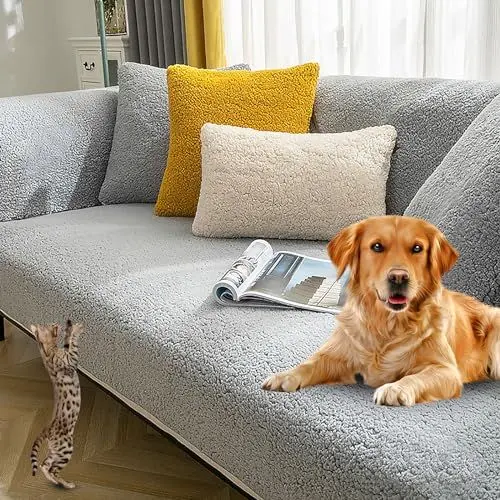 Produktbild: Sofa Überzug L Form Ecksofa Sofaschoner rutschfest Sofadecke Samt Sofabezug 3 2 1 4 sitzer Couch Überzug für Sofas aus Mikrofaser Ledersofa (Grau-90x70cm)