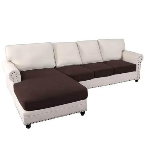 Produktbild: Sofa-Sitzkissenbezüge, Stretch-Samt-Sofa-Sitzbezug, elastischer Sofa-Sitzbezug, Wohnmöbelschutz mit elastischer Unterseite (Chaise + 3 Sitze, braun)