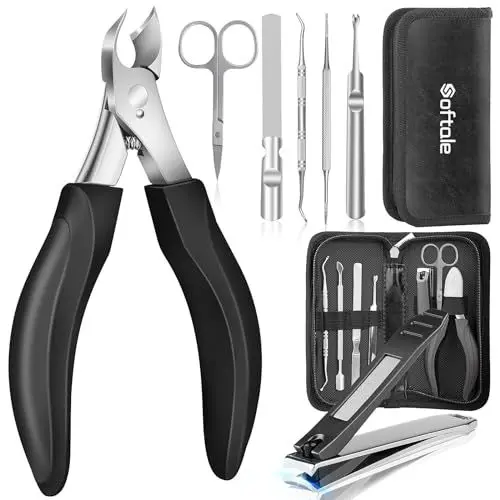 Produktbild: Sofatale Scharfes Gebogenes Nagelzange Set 7 Stück mit Bequemem Gummigriff, Großer Podologe Nagelschere für Dicke & Eingewachsene Zehennägel, Hochwertiges Werkzeug zur Nagelknipser Nagelpflege