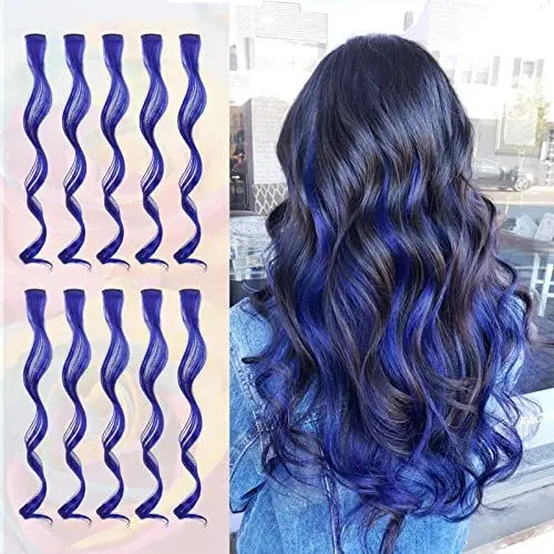 Produktbild: Sofeiyan 10 Pcs Farbige Haarverlängerungen Party Highlights Bunte Clip in Haarverlängerungen 43cm Lockig Wellig Haarteile für Frauen Kinder Mädchen Halloween Weihnachten, Juwel Blau