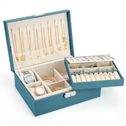 Produktbild: Sofore Schmuckkästchen Mädchen, 2 Etagen Reise Schmuckkästchen schmuckkästchen groß mit 2 Uhrenkissen, PU-Leder Aufbewahrungskoffer für Ohrringe Ringe Halsketten Uhren Armbänder, Grün