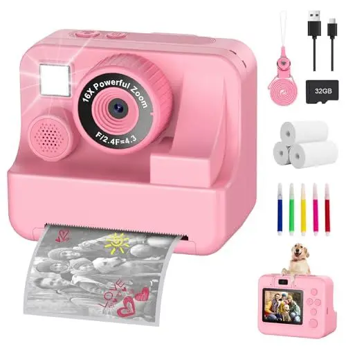 Produktbild: Sofortbildkamera Kinder Mit Selfie1080p Kinderkamera Sofortbildkamera mit 32gb Karte & 3 Rollen Druckpapier, Kinder Kamera, Kinderspielzeug Geschenke für Jungen & Mädchen Von 3-12 Jahren