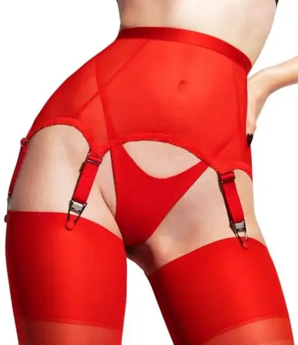 Produktbild: sofsy Ultrabequemer Strumpfhalter für Damen mit 6 Riegeln | Ultraweiche Strumpfbänder für Strümpfe | Roter Netzstrumpfgürtel - 3XL