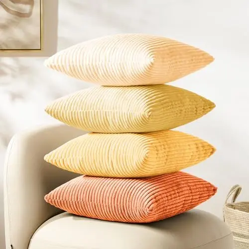 Produktbild: Softalker Kissenbezug Herbst 50x50 Orange Gelb Cord 4er Set Kissenhüllen Kissenbezüge Dekokissen Sofakissen Couchkissen modern Deko für Sofa Wohnzimmer Bett Büro Balkon Garten Aesthetic Zimmer Decor