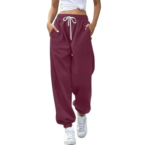 Produktbild: Softshell Hose Damen Damen Jogginghose Jogginghose Workout Hohe Taille Yogahose Mit Taschen Plissee Hose Damen (Wine, XL)