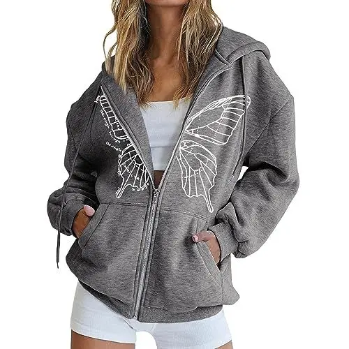 Produktbild: Softshelljacke Damen Schwarz Damen Jeans Sweatshirt-Schmetterlings-bedruckte, wattierte Jacke, lockere Kapuzenjacke mit Reißverschluss Steppjacke Damen Leicht Thermojacke Damen (Dark Gray, XXXL)