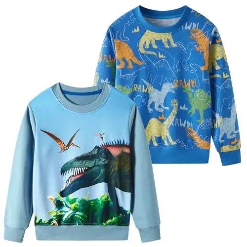 Produktbild: SOIBEEN Jungen Sweatshirt Entzückende Kinder Pullover 2-Pack Dinosaurier Top Shirt Pullover Rundhalsausschnitt Langarm Freizeitkleidung Frühling Herbst Baumwolle Hoddie 5-6 Jahre