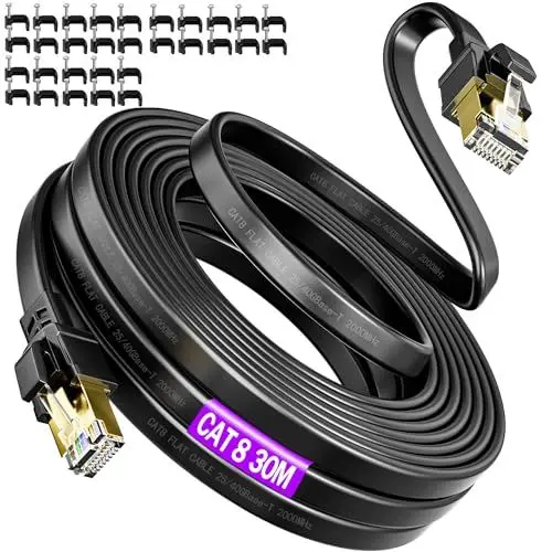 Produktbild: Soibke LAN Kabel 30m Cat 8, Netzwerkkabel 30 Meter Flach Geschirmt 40Gbps 2000MHz High Speed Wlan Ethernet Kabel RJ45 Gigabit Patch Internet kabel Lang Schwarz für Router Modem