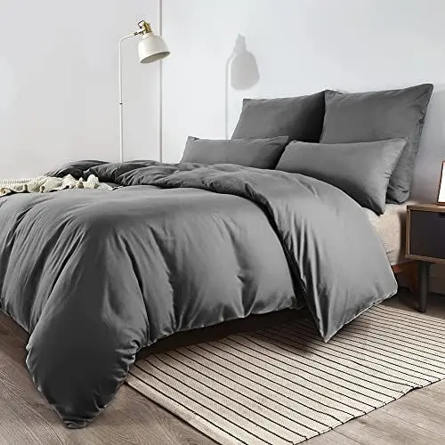 Produktbild: Soifox Bettwäsche 200x200 Grau Anthrazit - aus Mikrofaser bügelfrei & knitterfrei Bettbezug 200 x 200 Set mit 80x80 cm Kissenbezug 2er Set Bettwasche mit Reißverschluss