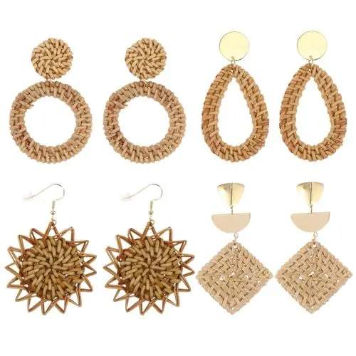 Produktbild: SOIMISS 4 Paare Rattan-ohrringe Makramee-ornamente Braid Ohrringe Handmade Rattan Ohrring Creolen Aus Rattan Ohrjacken-ohrringe Für Frauen Boho Drop Ohrringe Quaste Geschenk Fräulein