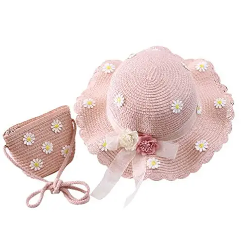 Produktbild: SOIMISS Mädchen Strohhut Gänseblümchen Sun Hut mit Schulter Strohbeutel Set Kinder Sommerhut Strand Hut Tasche Welle Weit Sonnenschutz Hut strohtaschen Beanie Mütze Für Kleinkind