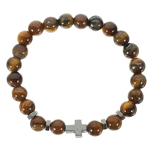 Produktbild: SOIMISS Rosenkranz Vulkangestein Perlen Armband Perlen Kreuz Armband Elastisches Stretch-Armband Christliches Gebetsarmband Religiöses Katholisches Armband Schmuck Beten Taufe