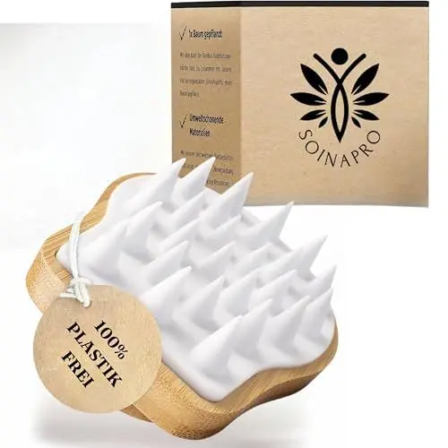 Produktbild: Soinapro Kopfhaut Massagebürste, Kopfmassage Bürste aus Bambus mit Anti-Schuppen Effekt, Shampoo bürste zum Duschen, Haarwaschbürste für Gesundes Haarwachstum, Scalp Massager - Weiß (White)
