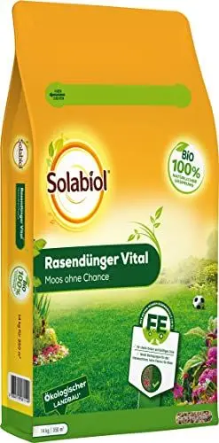 Produktbild: Solabiol Rasendünger Vital mit Langzeitwirkung für Frühjahr und Sommer, organischer Dünger, verdrängt Moos, vitaler Rasen, staubarmes Granulat, 14 kg Sack für 350 m²