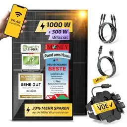 Produktbild: Solakon® 1000W Balkonkraftwerk - Balkonkraftwerk 800W komplett Steckdose - neuester 800 Watt Wechselrichter - Solaranlage Komplettset - 500W bifaziale Solarmodule inkl. Zubehör - 10m Kabel