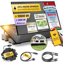 Produktbild: Solakon® 1000W Balkonkraftwerk mit Halterung (Flachdach) - Balkonkraftwerk 800W komplett Steckdose - 800 Watt Wechselrichter - Solaranlage Komplettset - 500W bifaziale Solarmodule inkl. Zubehör
